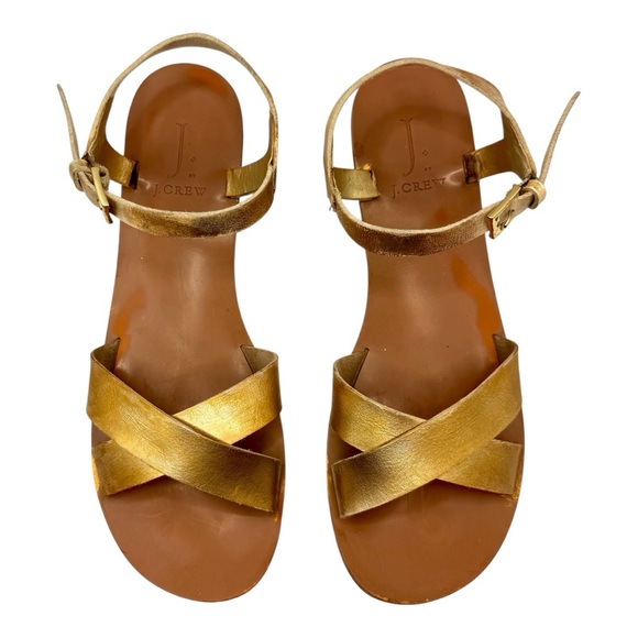 J. Crew Metallic Gold Ankle Strap Crisscross Sandals Size 9 - Picture 1 of 7